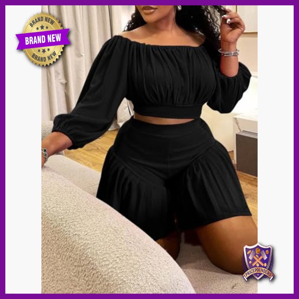 Plus Size Off Shoulder Crop Top and Ruffle Shorts Set, 2 Piece Outfit - Picture 3 of 6